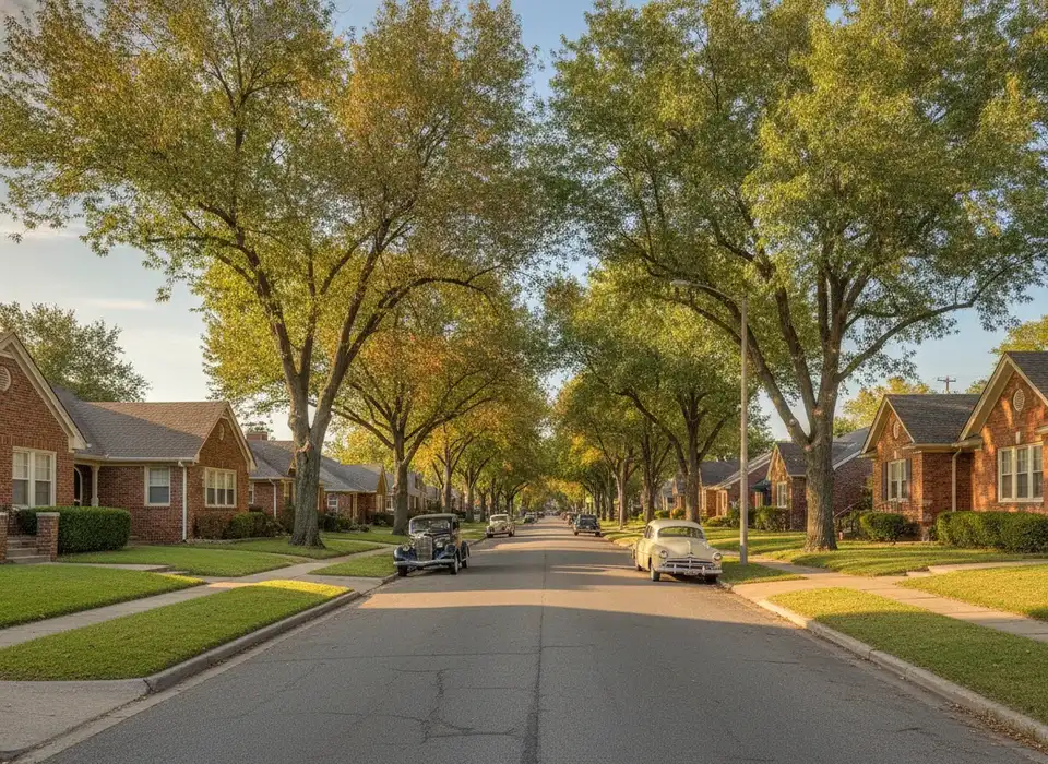 Brick homes on a tree-lined street in Tulsa