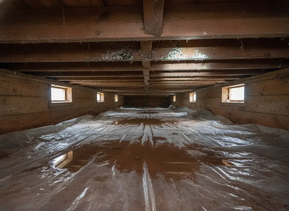 Damp crawl space with a plastic vapor barrier and mold spots on the joists