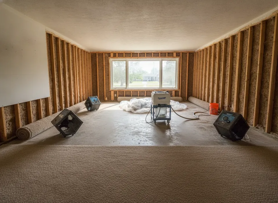 Drying equipment in a slab home after flooding