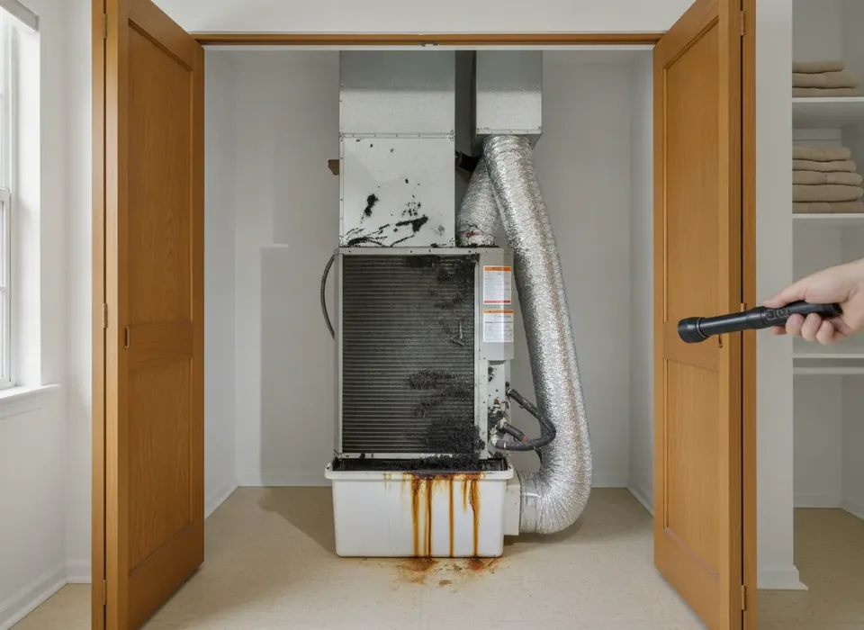 Mold around an AC drain pan and duct in an air handler closet