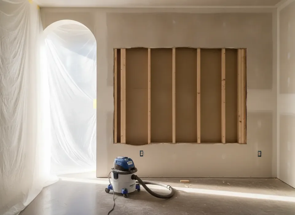 Drywall removed to the studs inside a sealed work area